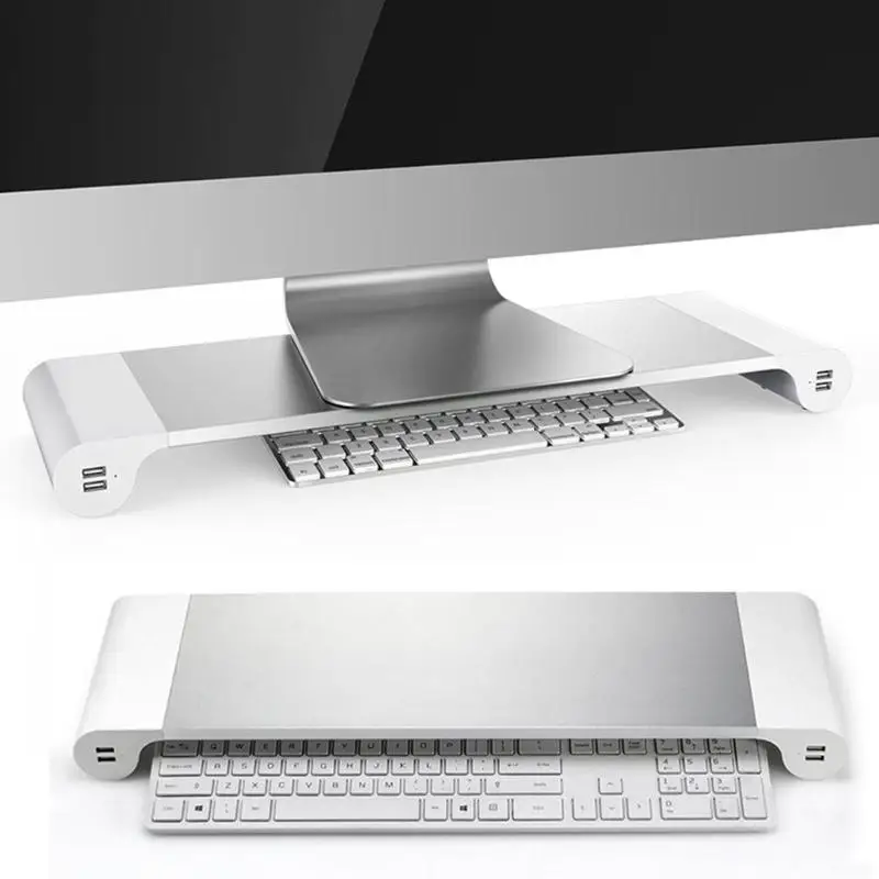 الألومنيوم الفضاء بار محمول حامل شاشة الكمبيوتر حامل منظم مكتب 4 USB شحن منافذ لوحة المفاتيح تخزين للمراقبين محمول