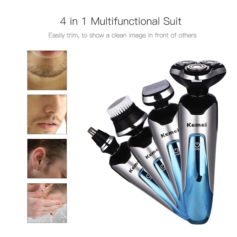 

Kemei 4 In 1 Men's 3D Electric Shaver+Beard Trimmer+Nose Ear Trimer+Facial Cleaning Brush Rechargeable Razor Shaving Machine 301