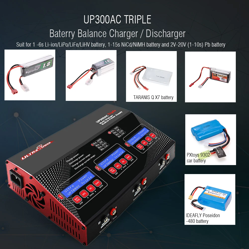 UP300AC тройной 3Way 3*100 Вт высокой мощности 1-6 S LiIo LiPo LiFe LiHV NiCd NiMH батарея баланс зарядное устройство Dis зарядное устройство RC Дрон часть