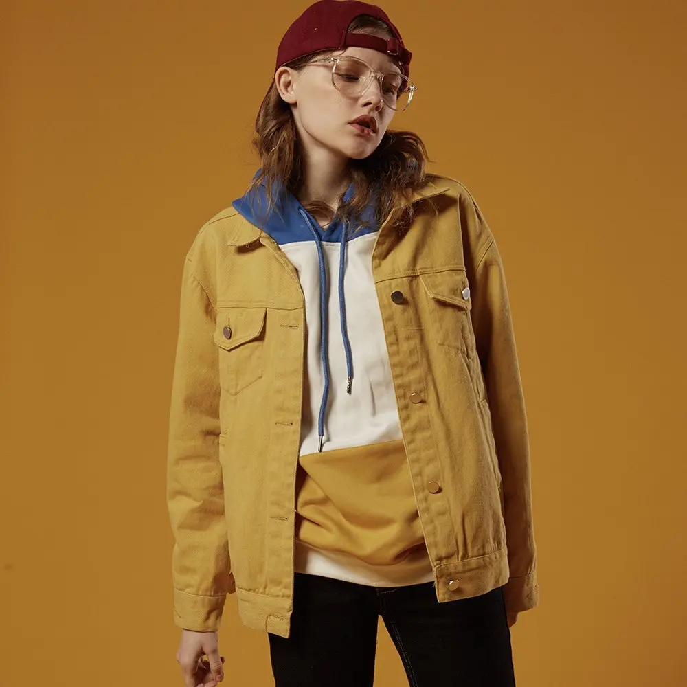 2020 original casual Japanese arts and crafts wild loose yellow cotton washed denim jacket | Женская одежда