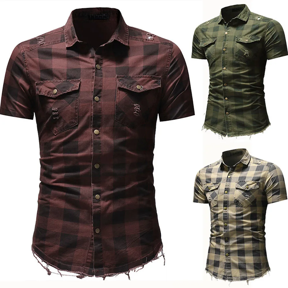 Shirts Men Casual Slim Fit Button Pocket Plaid Shirt Summer Short Sleeve Streetwear Shirt Mens Social Hawaiian Shirt camisas