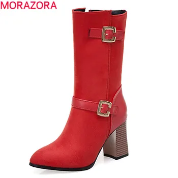 

MORAZORA 2020 plus size 50 women mid calf boots pointed toe high heels dress party shoes warm autumn winter boots ladies black