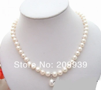 

huij 003518 White Round Pearl&Rice Pendant Necklace-925 Silver Clasp