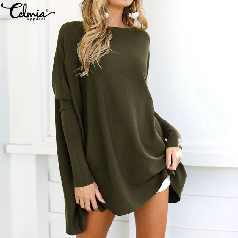 

Celmia Plus Size Tops Women Blouse 2019 Autumn O Neck Long Sleeve Shirts Solid Casual Loose Pullovers Tee Ladies Jumpers Blusas