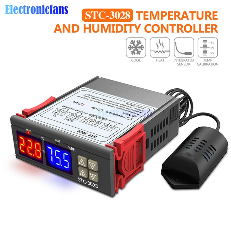 JVSISM Stc-3028 Medidor De Humedad De Temperatura Digital 110-220 V 10A Termostato Pantalla Dual Term/ómetro Higr/ómetro Controlador Ajustable 0~100/% Rh