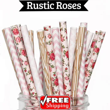 

200pcs Mixed 4 Designs Rustic Roses Themed Paper Straws-Pink,Brown,Chevron,Damask,Floral,Woodgrain,Wood Grain-Wedding Party Bulk