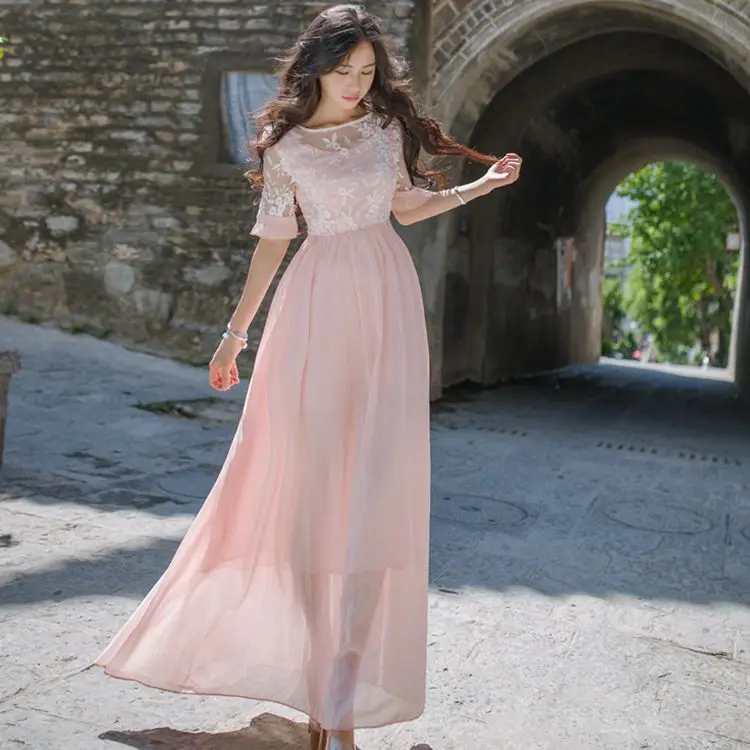 

New designer 2018 autumn new organza embroidery dress long maxi pink dress woman elegance party half sleeve O neck chiffon dress