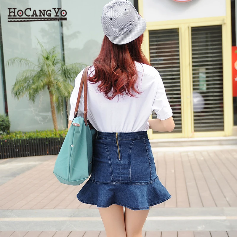 HCYO Women Denim Skirts Summer Empire Stretch Sexy Jeans Skirts Plus Size Women Blue Jupe Ruffles Mini A-line Denim Skirts Jeans Skirts