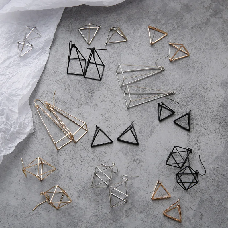 

European 2018 Minimalist Geometric 3D Triangle Hollow Polygon Dangle Drop Earrings Set for Women Party Punk Jewelry Pendientes
