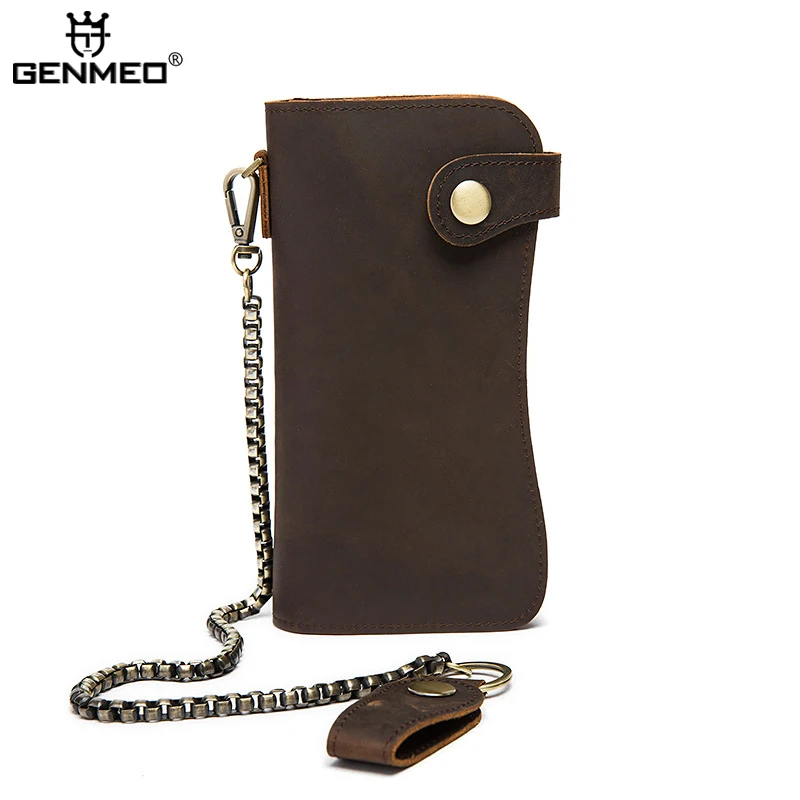 

New Arrival Crazy Horse Cow Leather Men Wallet with Anti-thife Chain Vintage Genuine Leather Long Men Wallets Bolsa