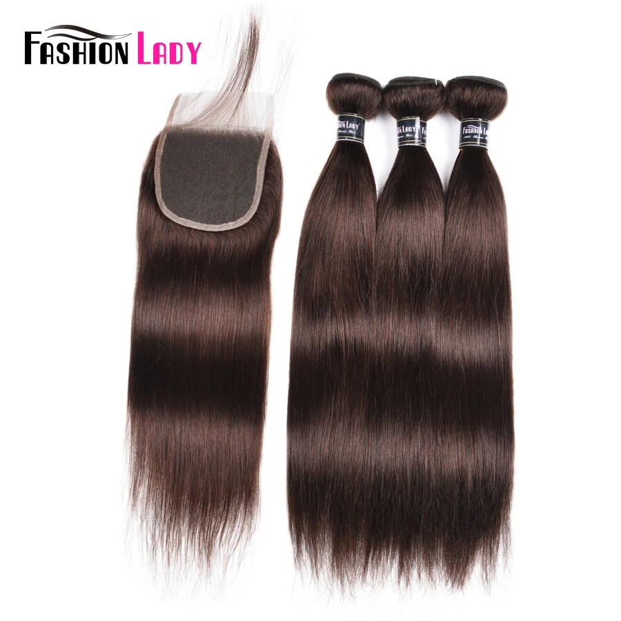 

Fashion Lady Pre-Colored 3 Bundles With Lace Closure 2# Natural Brown Color Peruvian Straight Hair With Closure Non-Remy Hair