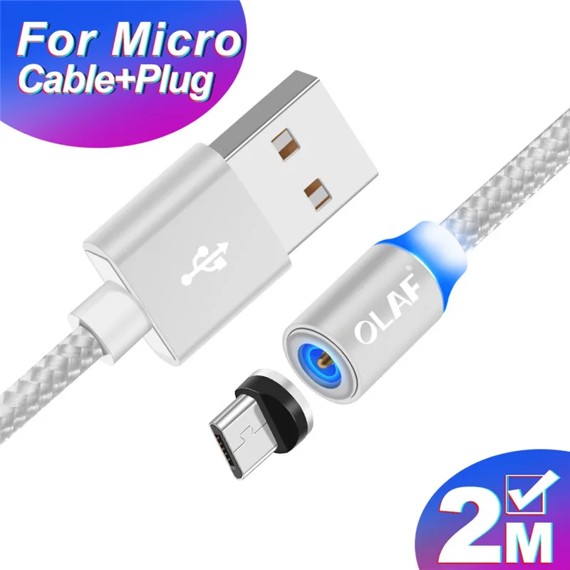 Магнитный Micro USB кабель OLAF 2A Зарядка 1 м 2 м светодиодный магнитный кабель для зарядки и передачи данных для Xiaomi 4X huawei P8 Lite samsung A5 J5 J7 - Цвет: 2M Silver MicroCable