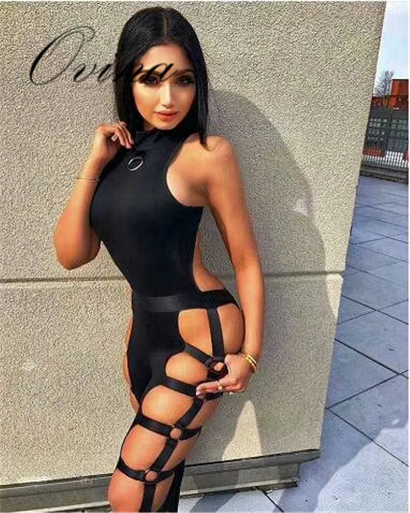 

New Arrival Black Celebrity Tanks Hollow Out Side Bodycon Bandage Jumpsuit Women Rompers