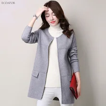 5 цветов, длинный женский кардиган, Осень-зима, свитера с карманами, круглый вырез, открытая куртка, пальто, Модный женский вязаный кардиган