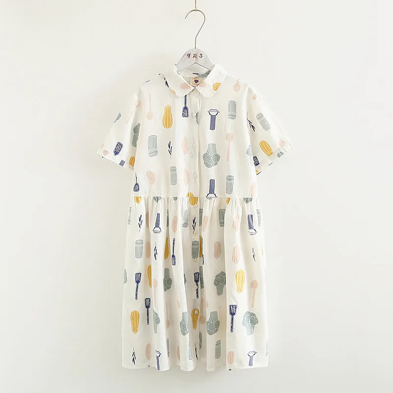 

2019 summer new cartoon printed cotton dress female peter pan collar short-sleeved loose cotton dress