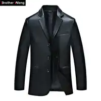 2019 Autumn New Men Leather Jacket Business Casual Suit Collar Faux Leather Black Coat Brand Clothes