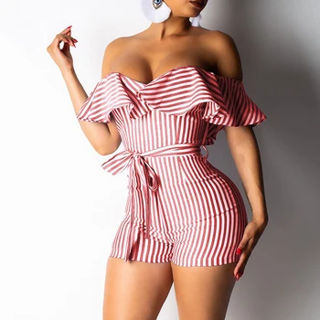 

Slash Neck Ruffles Design Romper Bandage Overall Women Summer Playsuits Off-Shoulder Stripe Sexy Nightclub Wear Jumpsuits