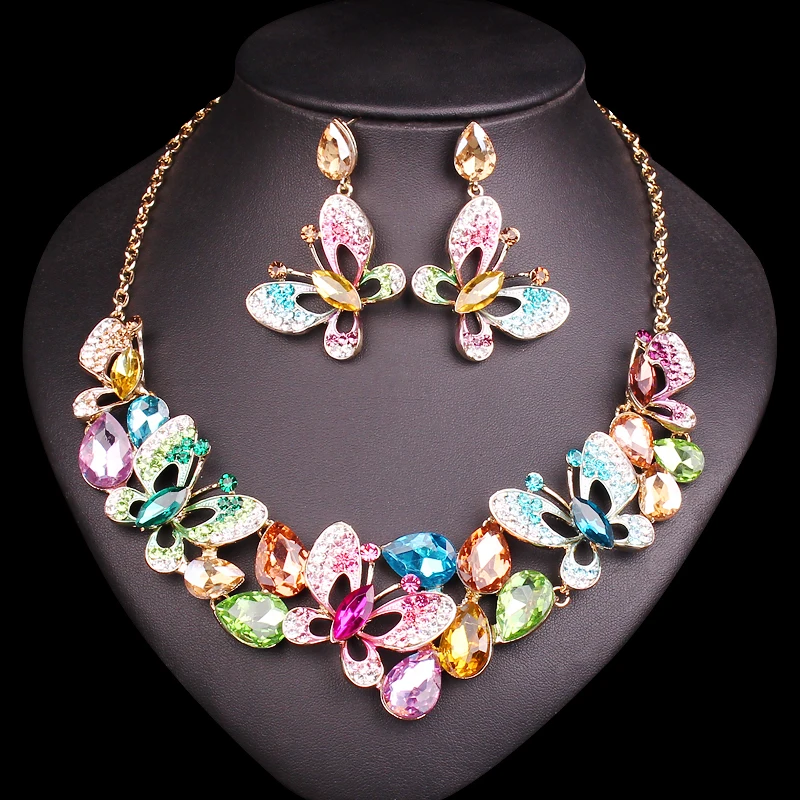 Fashion Multi color Butterfly Crystal Necklace & Earrings set Bridal