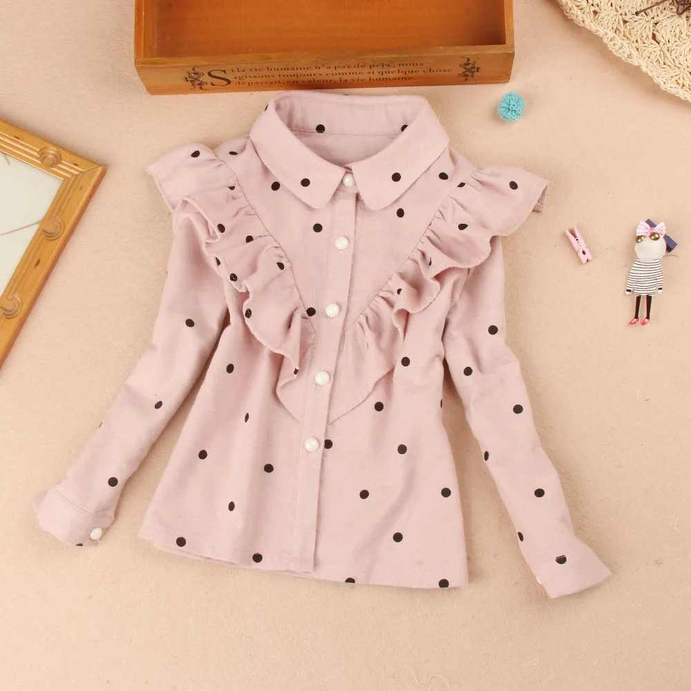 Tanie Nowa, jesienna bluzka z bawełny w kropki dziewczyna nastolatka różowa koszula z długim rękawem Casual Cotton Kids Girls odzież jesienna bluzka dziewczyna 4 7 11 13 15Yrs
