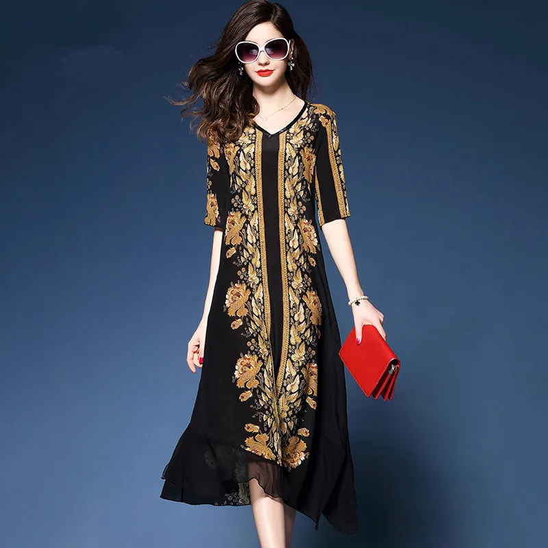 

Female Vintage Party Dress Plus Size Elegant Long Silk Dresses Ladies V-Neck Short Sleeved Loose Floral Printed Dress RE2108