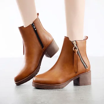 

Med Heel Fall Winter Platform Shoes Ankle Boots for Women 2019 Block Heels Zip Leather Boots Ladies OL Short Boots Office