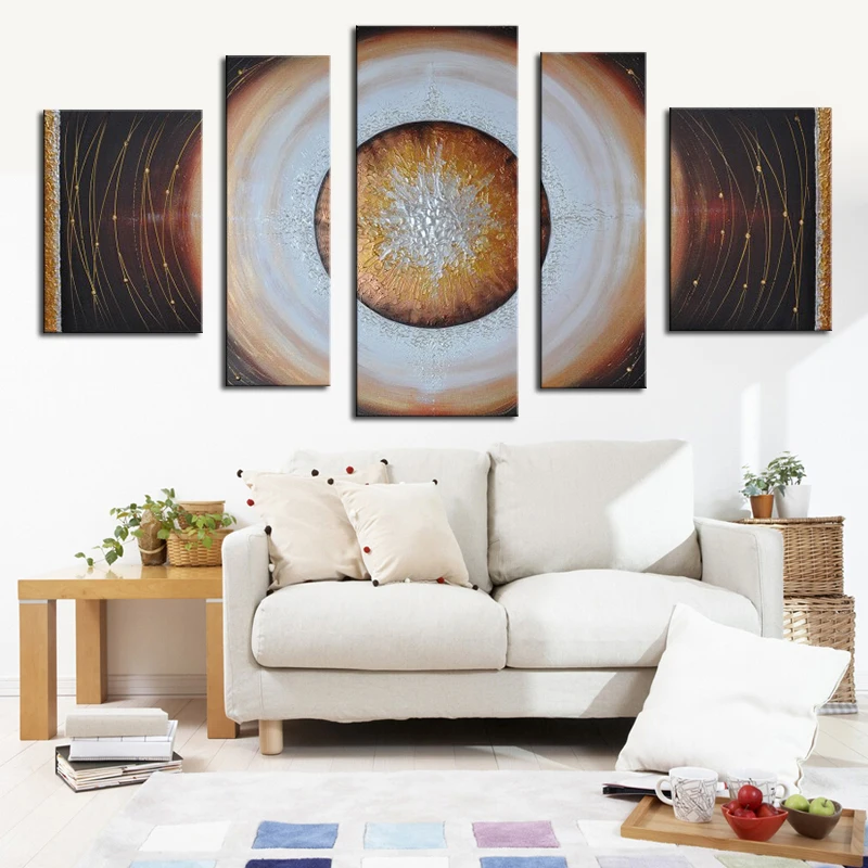 Hand Printed Circle Wall Painting 5 Panel Canvas Wall Art for Living