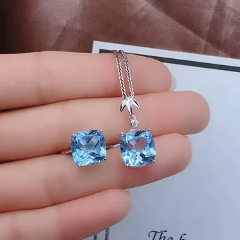 

Video! Fidelity Natural 10mm topaz s925 sterling silver Square fine jewelry sets for women Natural blue gemstone rings Pendant