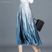 Бархатная плиссированная юбка градиентного цвета для женщин; сезон осень-зима; Женская эластичная юбка с высокой талией в стиле ретро; велюровые длинные юбки для женщин; Saias