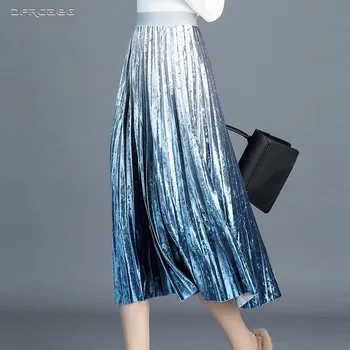 

Gradient Color Velvet Pleated Skirt Women Autumn Winter Ladies Elastic High Waist Retro Velour Long Skirts Female Saias