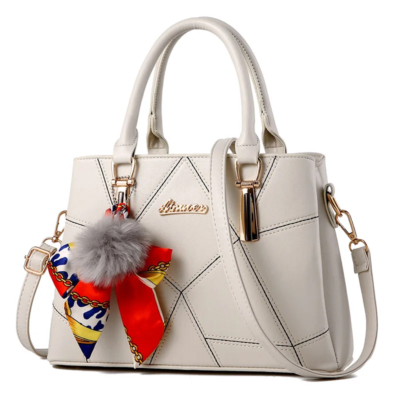 

2018 New Fashion Pu Leather Women's Messenger Bag Top Handle Bag Single Shoulder Bags With Pompon Bow Fluffy