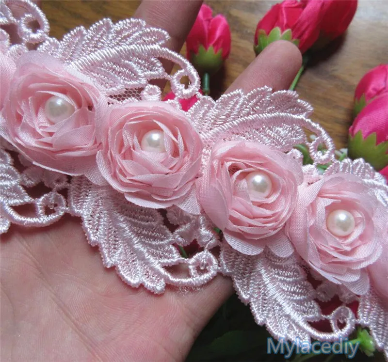 

1 yard Pink Soluble 75mm Pearl Rose Flower Embroidered Lace Trim Ribbon Fabric Handmade DIY Wedding Dress Sewing Supplies Craft