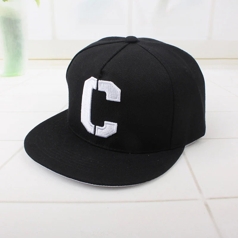 

2019 Unisex Men Women Flat Brim Embroidery C Baseball Cap 5 Panel Adjustable SnapBack Gorras Hip Hop Black White Hat Peaked Cap