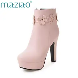 MAZIAO/2018, большие размеры 31-45, женская обувь на толстой платформе с цветочным принтом, женские зимние ботинки на высоком каблуке-шпильке