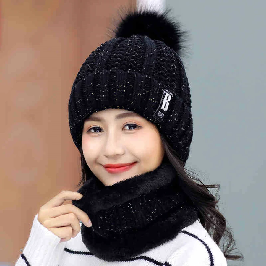 New Brand Winter knit Beanies Hat Women Thick Warm Beanie Skullies Hat Female Letters Bonnet Beanie Caps Outdoor Riding Sets Bib