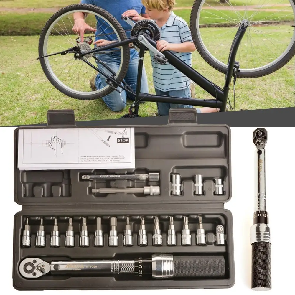 

Preset Torque Wrench 1/4 1-25Nm Bicycle Repair Adjustable Torque Wrench 20 Piece Set 1-25NM Preset Type Bicycle Repair Tool