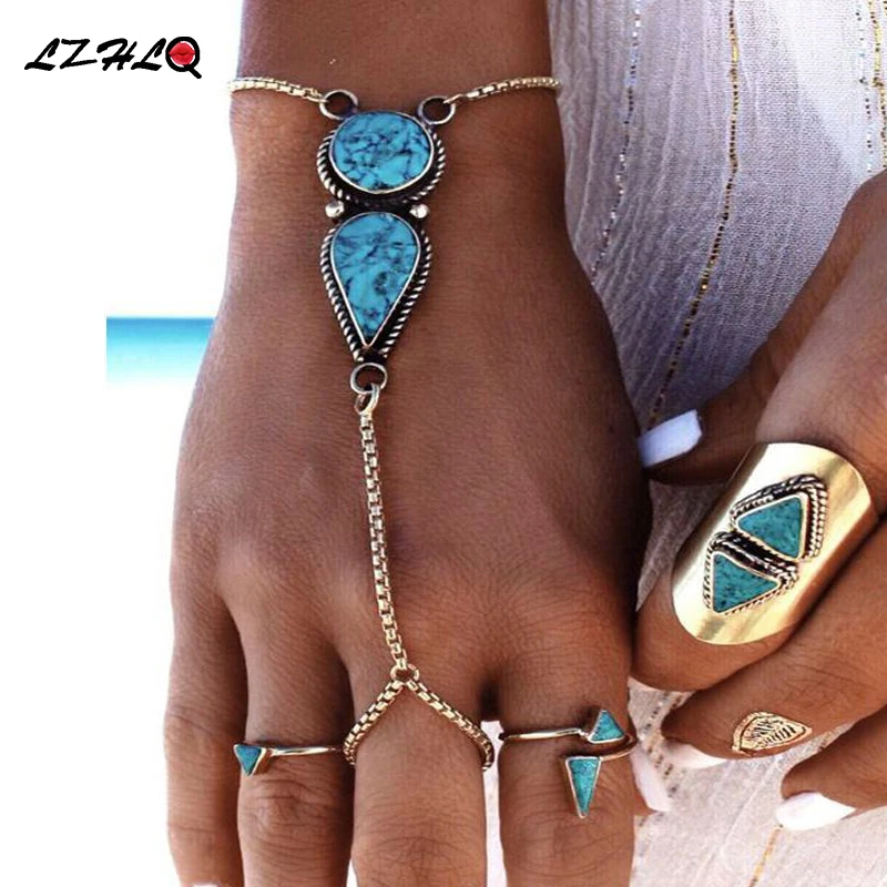 LZHLQ в богемном стиле, с голубым камнем Браслеты геометрический сплав Соединительная цепочка на палец браслет для Для женщин, модный бренд, ювелирные изделия, браслет