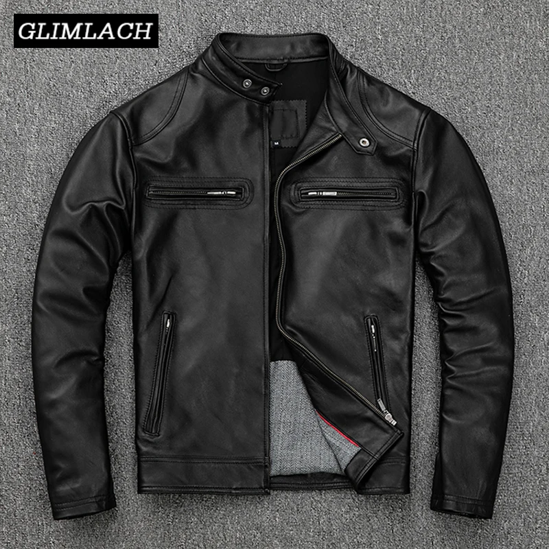 

Men Autumn Real Leather Jackets Slim Stand Collar Sheepskin Genuine Leather Long Sleeve Zippers Motorcycle Biker Short Coats Man