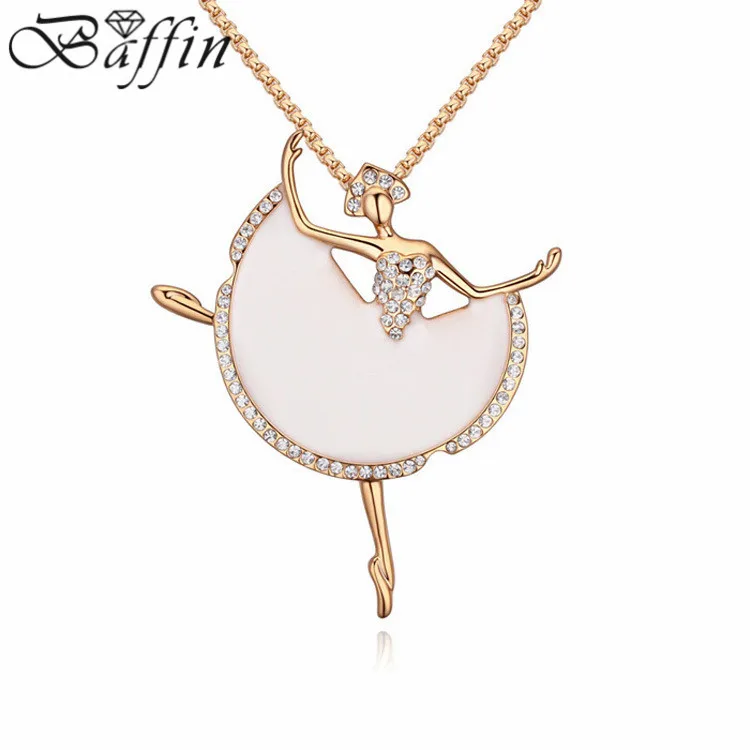 

Cute Crystal Ballerina Figure Pendants Necklace Gold Color Long Chain Sweater Collier Women Children Costume Jewelry