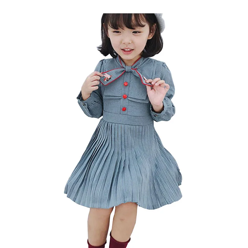 

2-8Yrs Long Sleeve Baby Girl Dress Autumn 2018 Vintage Princess Girl Frocks Kids Blue Pleated Bowknot Vestido Children Clothing