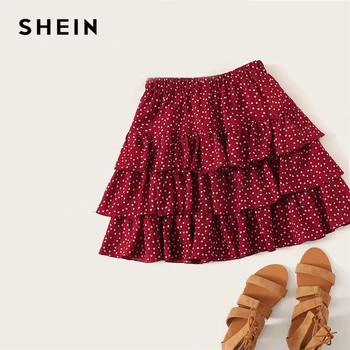 

SHEIN Burgundy Heart Print Layered Ruffle Above Knee Skirt Women Summer Elegant Mid Waist Casual Solid Velvet Mini Skirt