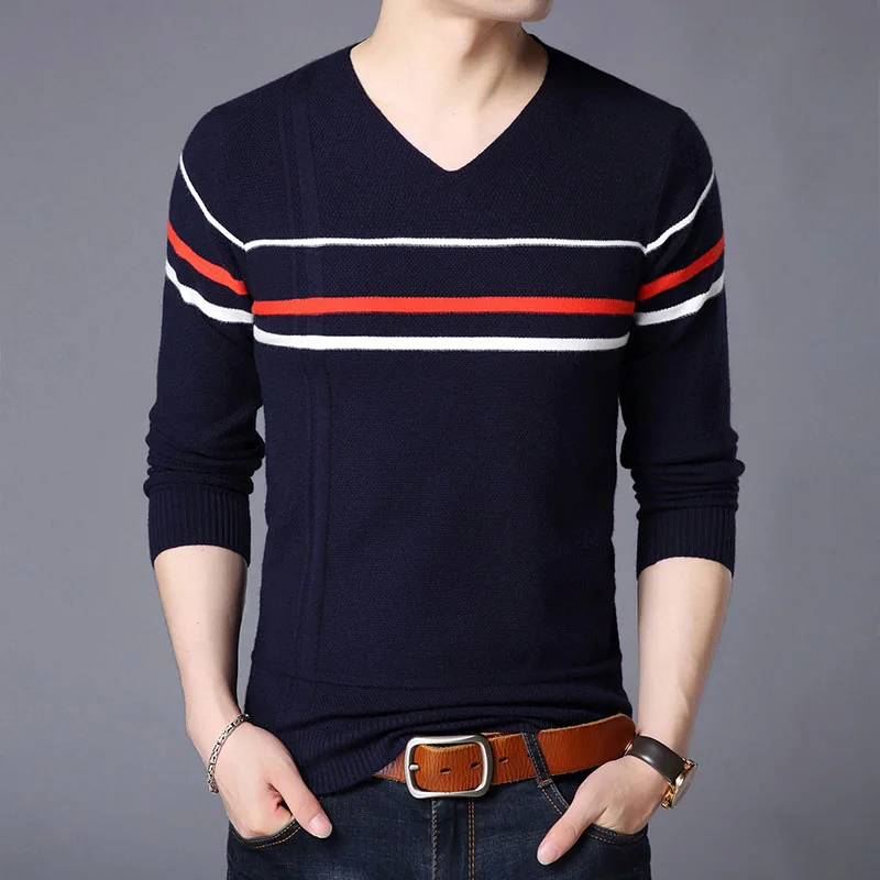 Модный брендовый мужской свитер, пуловеры, облегающие вязаные Джемперы в полоску, осенняя повседневная одежда в Корейском стиле для мужчин - Цвет: Тёмно-синий