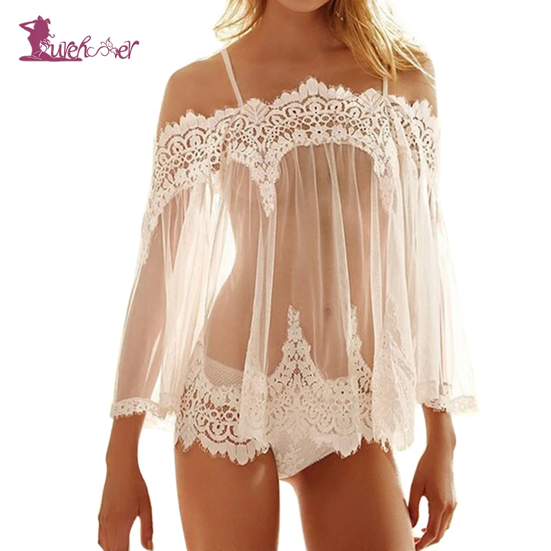 

Lurehooker 2017 Sexy Lace Erotic Lingerie Transparent Gauze Bare Shoulder Sexy Costumes Embroidery Sleep Sling Dress +T-thongs
