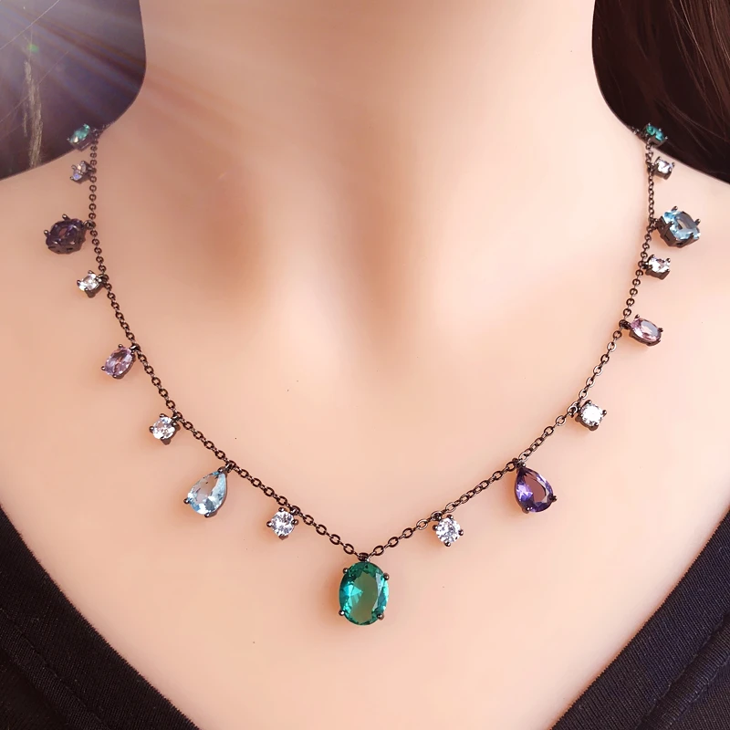 

Luxury multi color Zirconia Necklace Green Water Drop Crystal stone Pendants Chain Choker Bohemia Women Statement Jewelry Bijoux