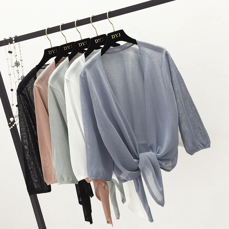 

Summer Autumn Women Knitted Cardigans Coat Ice Silk Small Shawl Sweaters Jacket Female Slim Elegant Thin Short Cardigan SF2016