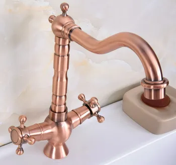 Antique Red Copper Brass Dual Cross Handles Bathroom Kitchen Basin Sink Faucet Mixer Tap Swivel Spout Deck Mounted mnf618 wholesale and retail deck mounted chrome brass bathroom basin faucet dual handles vanity sink mixer tap waterfall spout