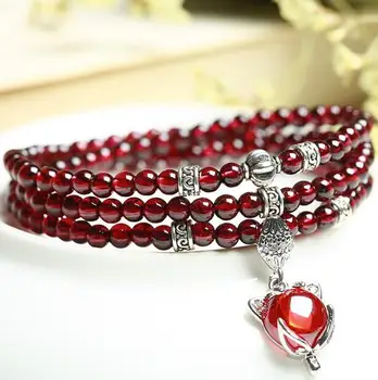

Natural Garnet Strand Bracelets Vintage Leaf Pendant 925 Sterling Silver Crystal Anniversary Customization Jewelry for Woman