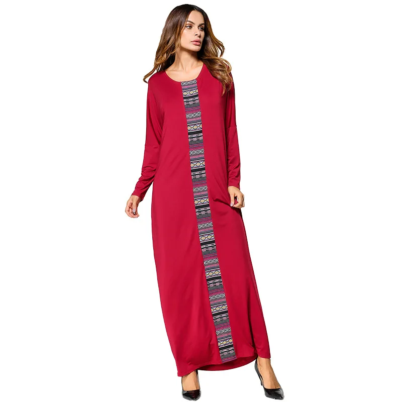 Muslim Abaya Red Cotton Embroidery Maxi Long Dress Dolman Sleeved Patchwork Kimono Jubah Robe Arab Islamic Clothing Full Length |