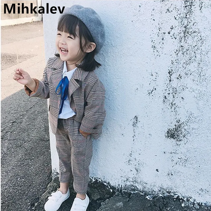 Promo  2019 baby spring autumn clothes for children clothing set long sleeve plaid jacket+pants 2pieces ki