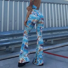Angel Print Boot Cut Pants Women Streetwear Blue Spring Autumn Vintage Slim Sexy High Waist Flared Trousers 2019 hot sale blue floral print flared long pants