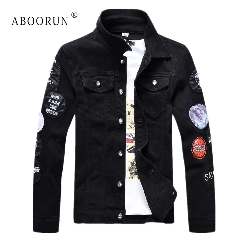 ABOORUN 2018 Модные мужские джинсовые куртки черные Лоскутные приталенные весна осень